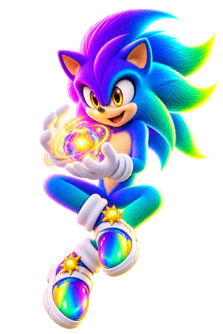 SOLNIC floating with delighted surprise while holding a radiant energy orb